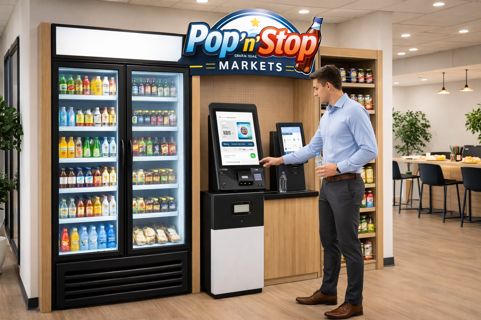 Pop N Stop micro-market with smart kiosk and coolers